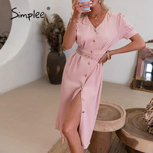 Simplee Elegant Light Pink Bodycon V-neck Straight Dresses Puff Sleeve Button Summer Dress 2021 High waist Office Lady Vestidos