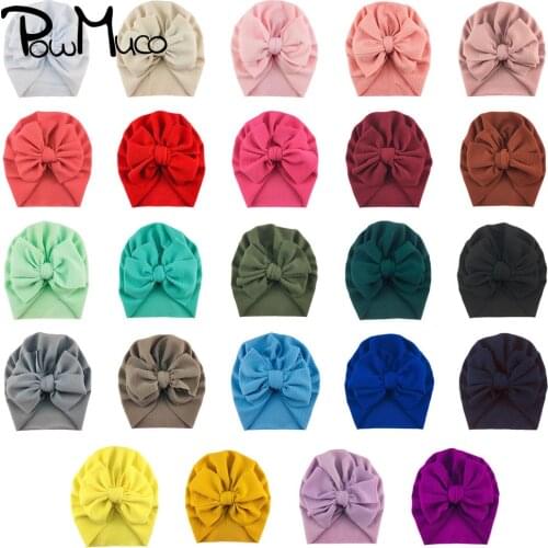 Powmuco 6 Inches Handmade Bowknot Baby Girls Hats 20*19 CM Solid Color Knitted Infant Caps Newborn Turban Kids Hair Accessories
