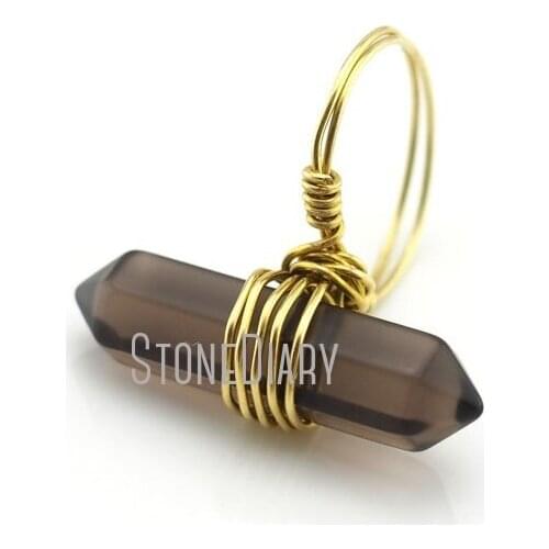 RM13024 10Pcs Top Seller Wire Wrapped Pure Gold Color Faceted Double Point Ring Smoky Crystal Ring For Less 6-8