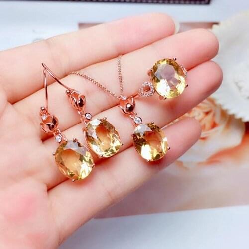 Sunny moodbright yellow citrine ring earrings necklace jewelry set women 925 sterling silver hook earring rose golden party gift