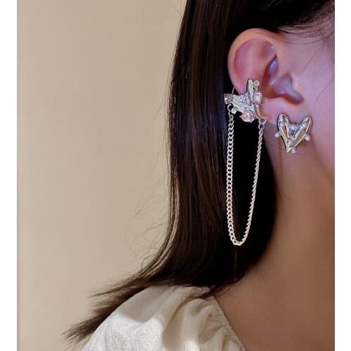 U-Magical Temperament Love Heart Rhinestone Clip Earrings for Women Charming Long Tassel Metal Chunky Chain Earring Jewellery