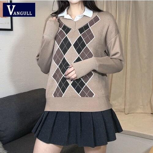 Vangull Brown Argyle Plaid V-Neck Sweater Women Spring Autumn New Casual Loose Long Sleeve Knitted Pullover Preppy Fashion Tops