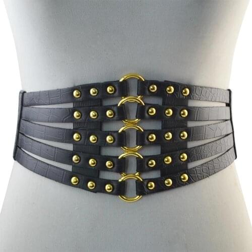 Womens PU Leather Wide Waist Belt Body Chains Stretch Cinch Waistband waist Corset Belt with metal rings and rivet at front
