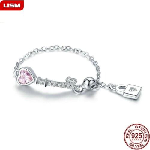 Trendy New 925 Sterling Silver Love Heart Lock Key Chain Rings for Women Wedding Engagement Jewelry Anel Dropshipping