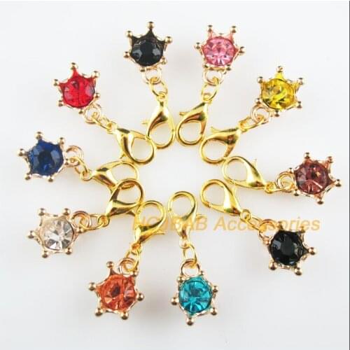 10 New Crown 11x13.5mm Charms Mixed Round Crystal Gold Color Retro With Lobster Claw Clasps