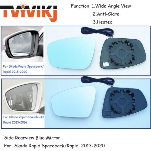 TVYVIKJ Side Rearview Mirror Blue Glass Lens For Skoda Rapid Spaceback / Rapid 2013-2020 Wide Angle View anti glare door mirror