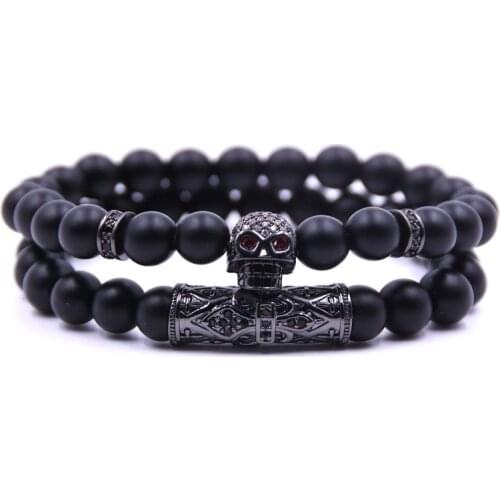 Natural black matte stone beads bracelet set skull bracelets for women pulseras jewellery men armband accessories bracciale uomo