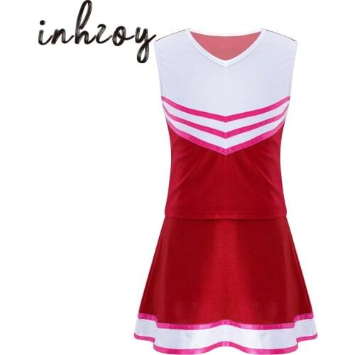 Kids Girls Cheerleader Costume Outfit Jazz Dance Wear Sleeveless Crop Top With Skirt Set For School Dance Party Performance