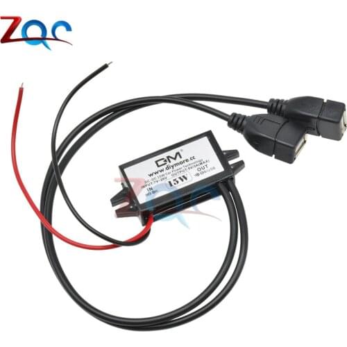 Dual USB Output DC-DC Converter Regulator 15W 12V to 5V 3A Max Step Down Buck Power Supply Adapter Low Heat Auto Car Protection
