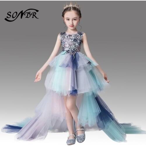 Elegant Flower Girls Dresses HT062 Colorful Tulle Flower Girl Pageant Ball Gowns Embroidery Lace Kids Train Catwalk Costumes