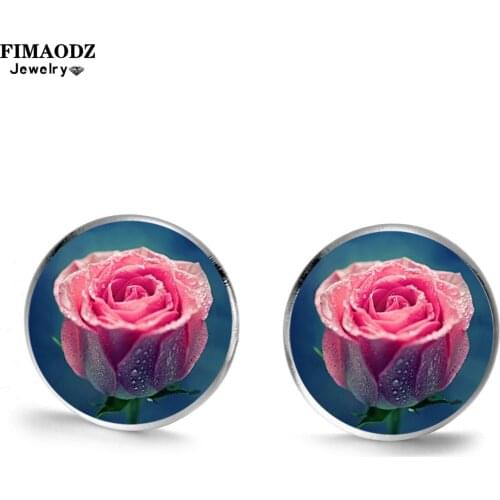 FIMAODZ Romantic Red Rose Flower Stud Earrings for Women Girls Charm Poppies Silver Color Earings Fashion Jewelry