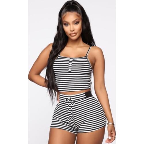 Hirigin 2PCS Women Sleepwear Summer Casual Bodycon Striped Crop Top and Shorts Outfits Clothes Sport Pajama Sets