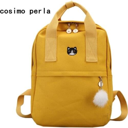 Cute Cat Embroidery Backpacks Japanese Yellow Canvas School Bags for Teenage Girls Big Top Handle Casual Backpack for Women