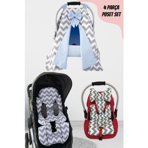 Jaju Baby Handmade, Gray Zigzag Blue 4-Piece Stroller Set (With Handle)