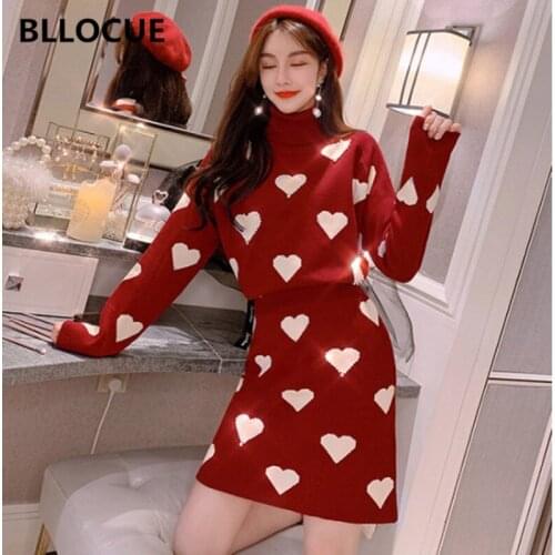 BLLOCUE 2020 Spring Autumn Fashion Knit Two-piece Set New Korean High-necked Love Beaded Loose Sweater+High Waist Skirt Set