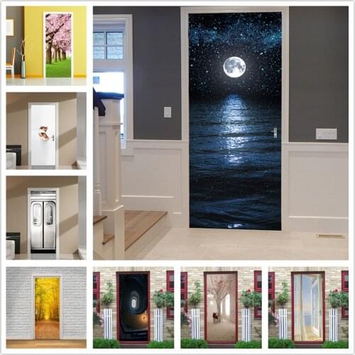 Moonlight at Sea Door Decoration DIY PVC Self-adhesive Waterproof Wallpaper Wall Art Mural Decals Home Design autocollant porte