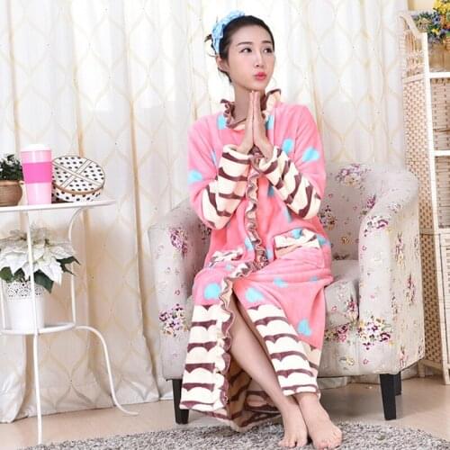 Autumn And Winter Ladies Warm Long Sleeves Super Long Flannel Coral Flaps Open Flaps Pocket Nightgown Bathrobe Morning Gown