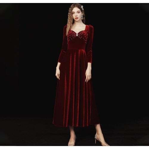 Special Occasion Dresses Vintage V-Neck Three Quarter Pearls Pleat Luxury Burgundy A-Line Elegant Fashion Women Prom Gown E874