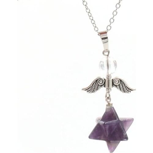 Amethysts Merkaba Symbol Silver Plated Angel Wing Pendant Star Point Necklace Black Agates Spiritual Jewelry