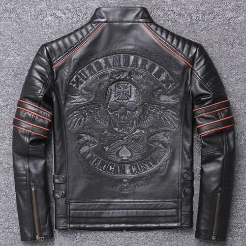 Tide male genuine leather edge grinding short fund self-cultivation human skeleton embroidery locomotive flight pilot bomber
