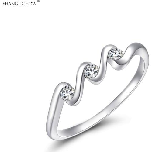 Shang Chow Jewelry Wave Sharp New Fashion romantic Engagement Authentic 925 Sterling Silver with White Ring Size 5.5 - 7.5