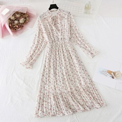 Spring Stand Collar Floral Print Dress Female Pleated Dress Autumn Vintage Party Mid-Calf Chiffon women 2021