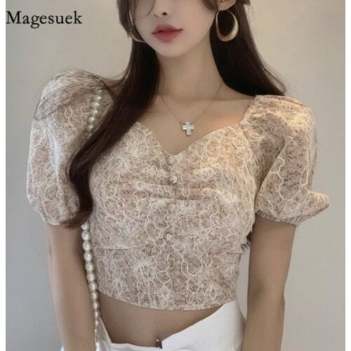 Vintage Summer Women Blouse Print Slash Neck Bubble Sleeve Tops for Women Sexy Lace Off Shoulder Short Sleeve Shirt Blusa 14428