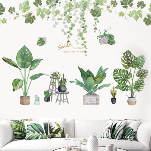 Green Leaves Wall Stickers Artificial Potted Plants Bonsai Flower DIY Wall Decal For Home Decor Living Room Mural Art Decoration