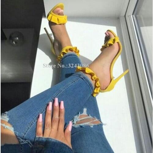 Lady Yellow Color Ruffles Lace-up Sandals Shoes New Popular Design Stiletto Heel Gladiator Sandals Women Fashion Dress Shoes