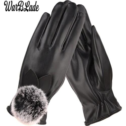 2021 WarBLade Women Warm Thick Winter Gloves Leather Elegant Girls Brand Mittens Free Size With Rabbit Fur Female Gloves