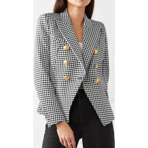 Women Designer Solid Blazer Jacket Office Lady Classic Double Breasted Golden Button Slim Black Houndstooth Blazers For Workwear