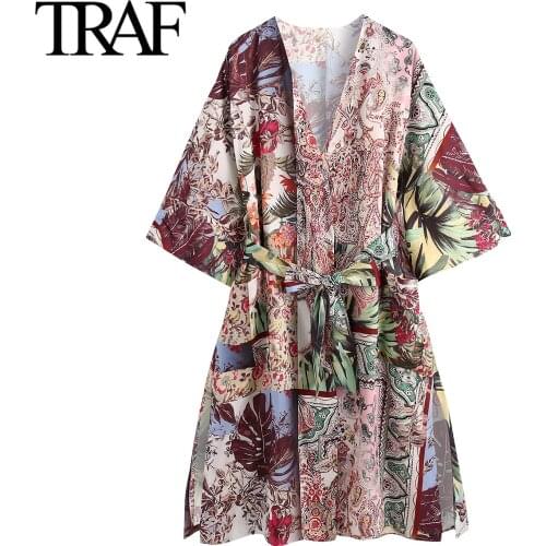 Traf Za Women Clothing 2021 Sping Autumn Printed Kimono Robe Belted Tunic Jacket Vintage Long Loose Chic Lady Coats