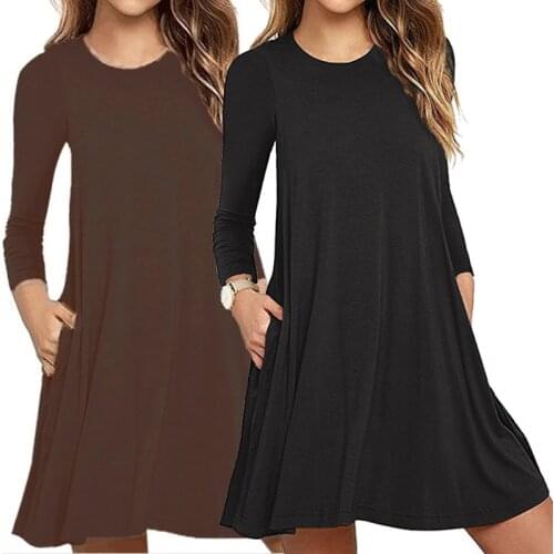 Womens Autumn Long Sleeve Round Neck Plain T-Shirt Dress Solid Color Pleated Swing Casual Loose Pullover Streetwear with Pockets