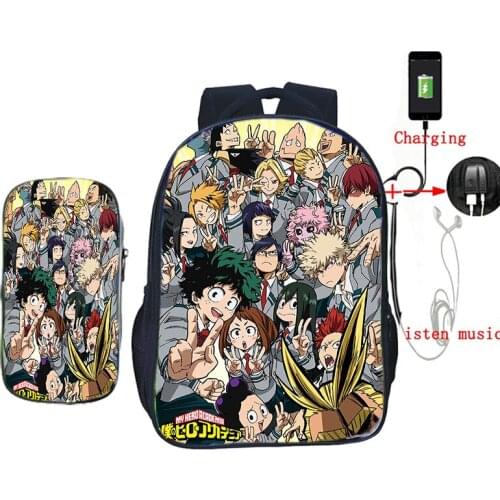 2 Pcs Set USB Charge My Hero Academia Backpack Boys Girls School Bags Students Book Knapsack Travel Laptop Rucksack Mochila