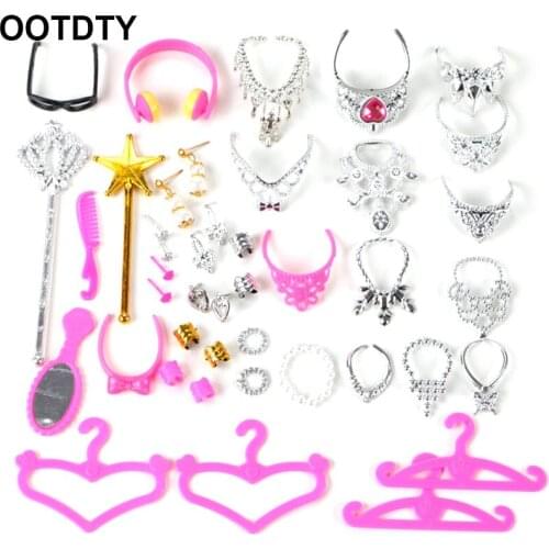 38pcs/Set Barbi Doll Accessories Simulation Jewelry Necklace Crown Earrings Pink Hanger Mirror Comb For Barbi Doll Toys