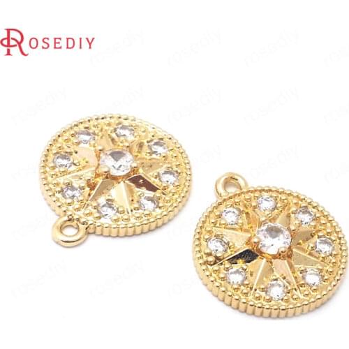 38872)10PCS 24K Champagne Gold Color Brass and Zircon Round Star Charms Pendants Jewelry Making Supplies Diy Accessories