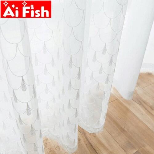 Embroidery White New Design Fish Scales Pattern Sheer Curtains for Living Room Vertical Stripe Kitchen Window Curtains M145-50