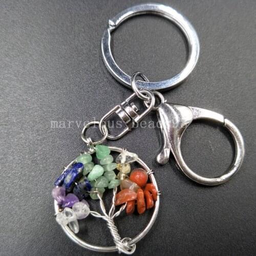 Free Shipping Beautiful jewelry Tree of life - Multicolor Stone Wire Wrap Round Key Chain Hang Pendant bag MC5052