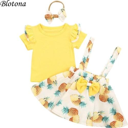 Blotona 3Pcs Baby Summer Outfits O-Neck Short Sleeves T-Shirt +Pineapple Print Overalls Skirt +Hair Band Suit for Girls 0-3Years