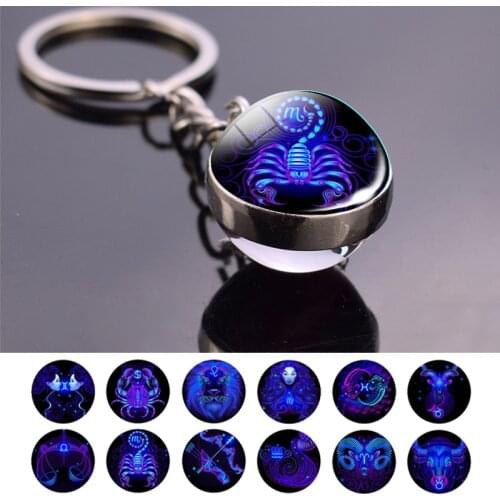 Double Side Glass Ball 12 Zodiac Signs Keychain Metal Key Chain Holder Couples Keychain Gifts Constellation Jewelry Accessories