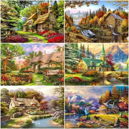 GATYZTORY River Bridge Village Houses Scenery Painting By Numbers Unique Gifts For Adults Birthday HandPainted Drawing Canvas Ar