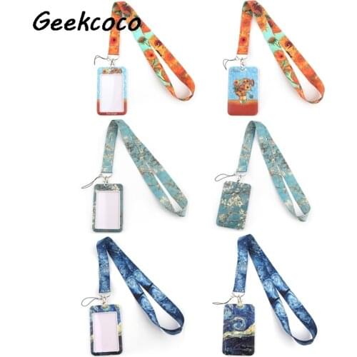 J2464 Cartoon Vangogh Oil Painting Lanyard Keychain keys Badge ID Mobile Phone Rope Lanyard With Card Holder Cover