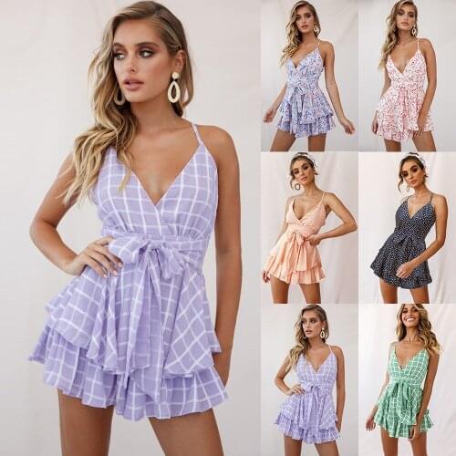 2021 New Spring and Summer Womens Sexy Sleeveless Printed Sling Jumpsuit Female Fashion V-neck Plaid Tie-dyed Shorts Playsuits