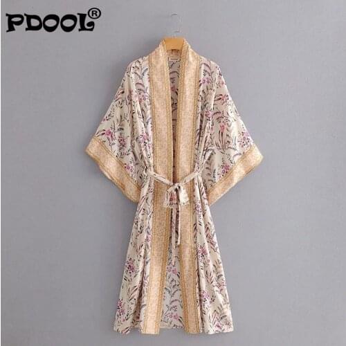 2021 Bohemian Printed Summer Beach Wear Clothing Long Kimono Plus Size Cotton Tunic Women Tops Self Belted Wrap Coat