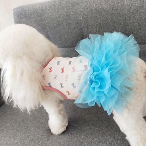 2021 Hot Pet Summer Tutu Skirt Bow Printed Mesh Fashion Petticoat Skirt Small Dog costume Teddy Summer Two Legged Clothes Thin