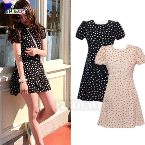 Cute Mini Dresses Women Fashion Japanese Style Design Sweet Girls Date Wear Preppy Style Black Chiffon Polka Dot Chic Dress