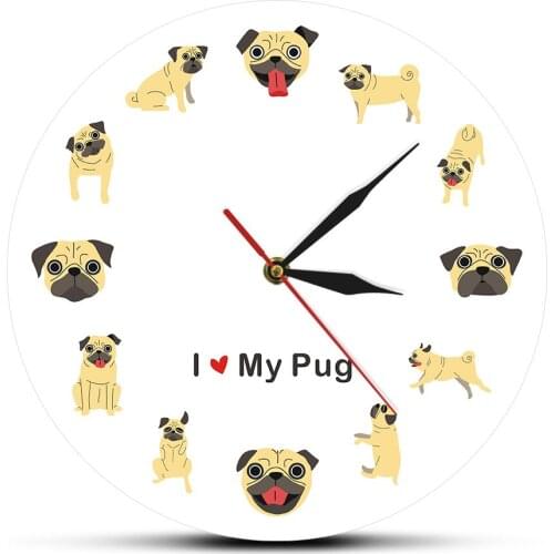 Cartoon Pug Puppy Dog Pet Printed Wall Clock Pet Store Hanging Slient Wall Watch Timepiece Pug Clock Home Decor