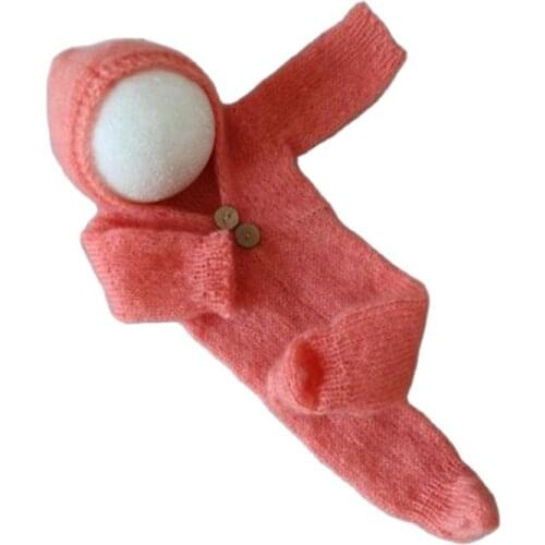 Newborn crothet mohair bonnet and romper full set Knit baby hooded romper overall Newborn photography props