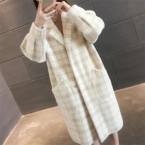 Imitation Mink Cashmere Mid-Length Plaid Overcoat Women Korean Loose Knitted Cardigan Fall Winter Fashion Soft Sweater Jackets