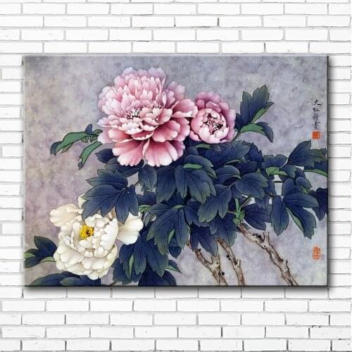 Chinese style pink white peony scenery canvas printings oil painting printed on canvas home wall art decoration picture